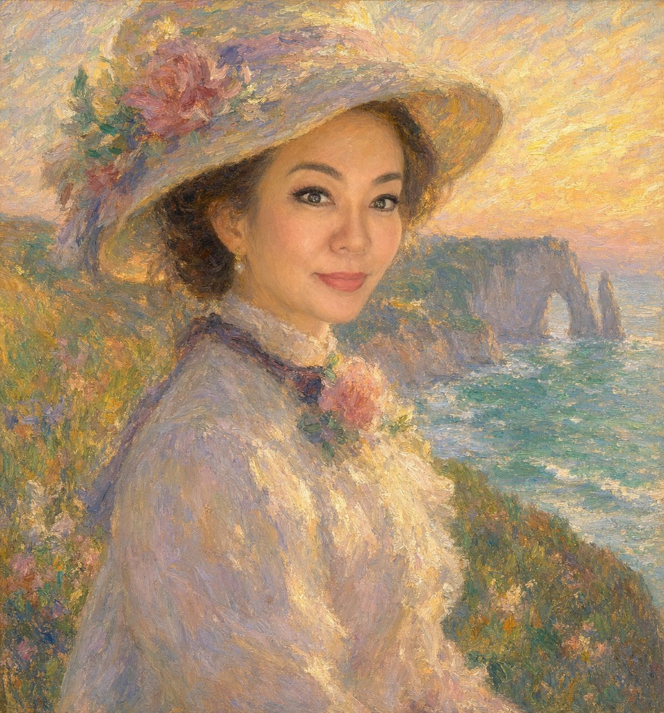 Impressionist coastal portrait in a wide-brim floral hat at sunset