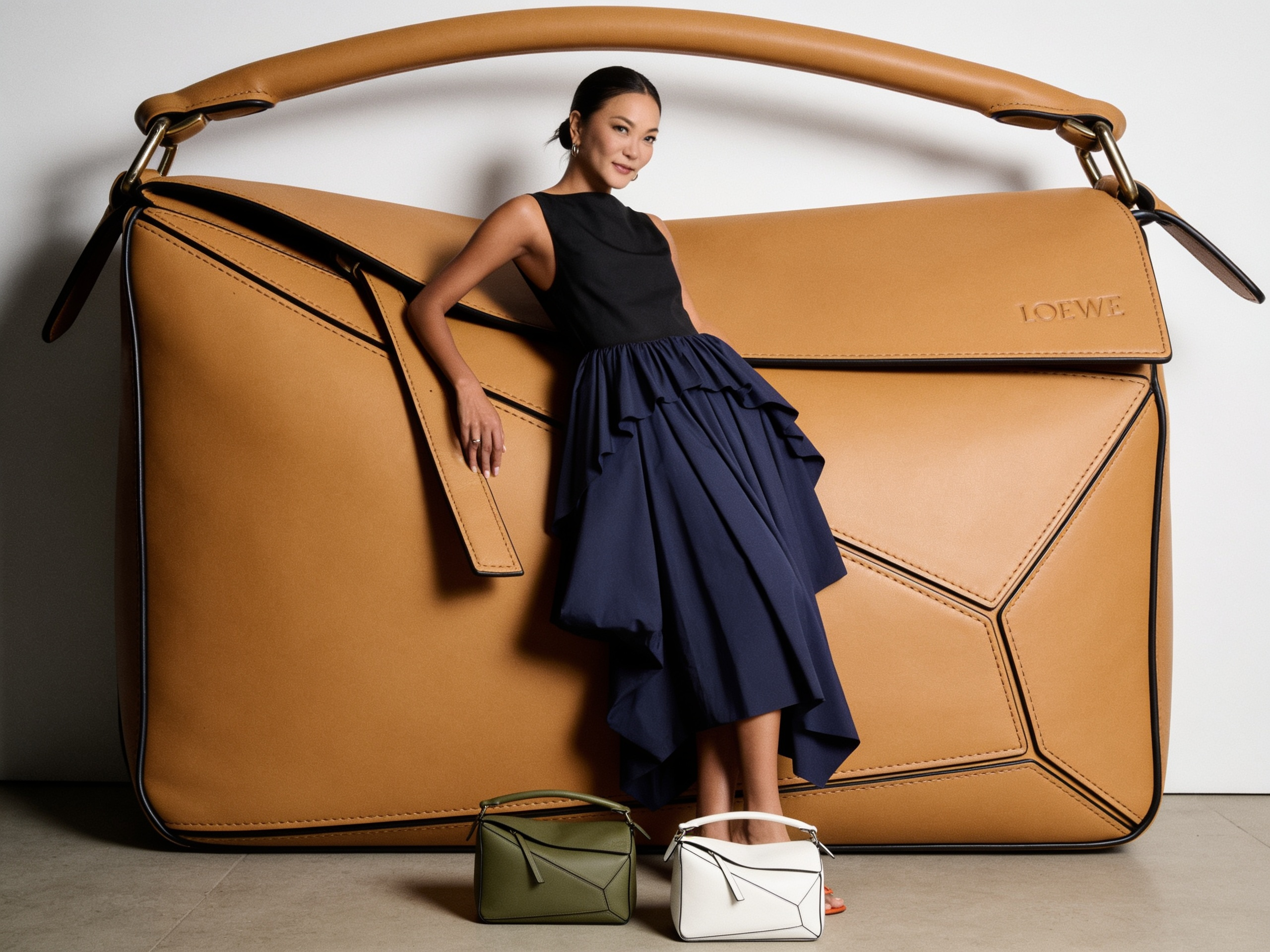 Conceptual fashion portrait with an oversized leather puzzle bag in a minimalist studio