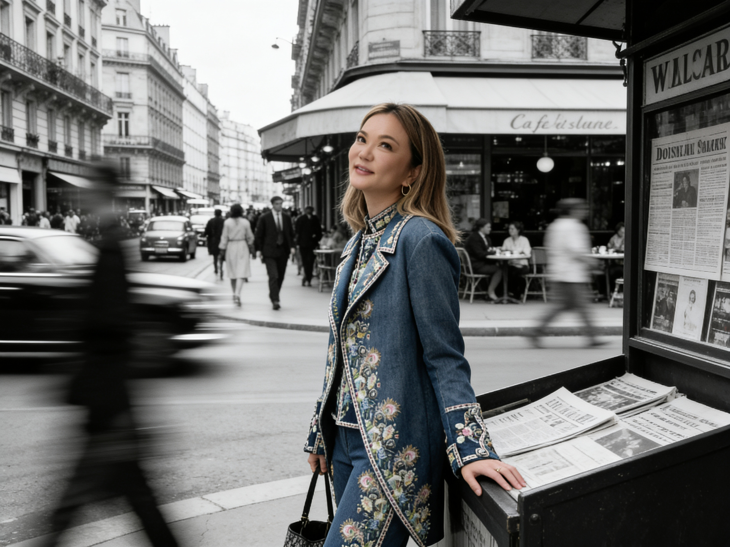 Street-style portrait in crystal-embellished denim and a ruffled shearling coat on a Paris boulevard