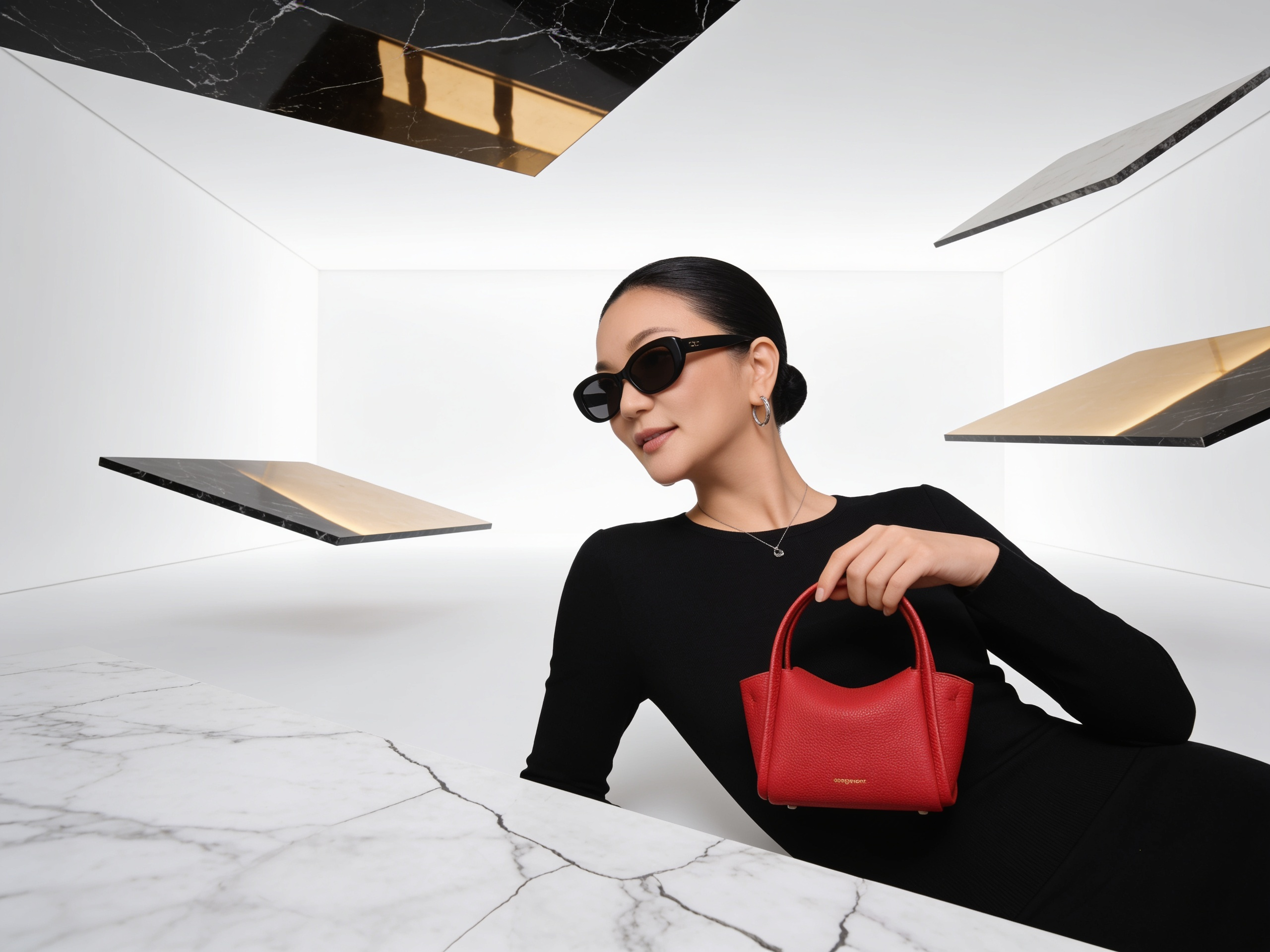 Portrait in black holding a red leather handbag among floating black marble slabs in a white studio