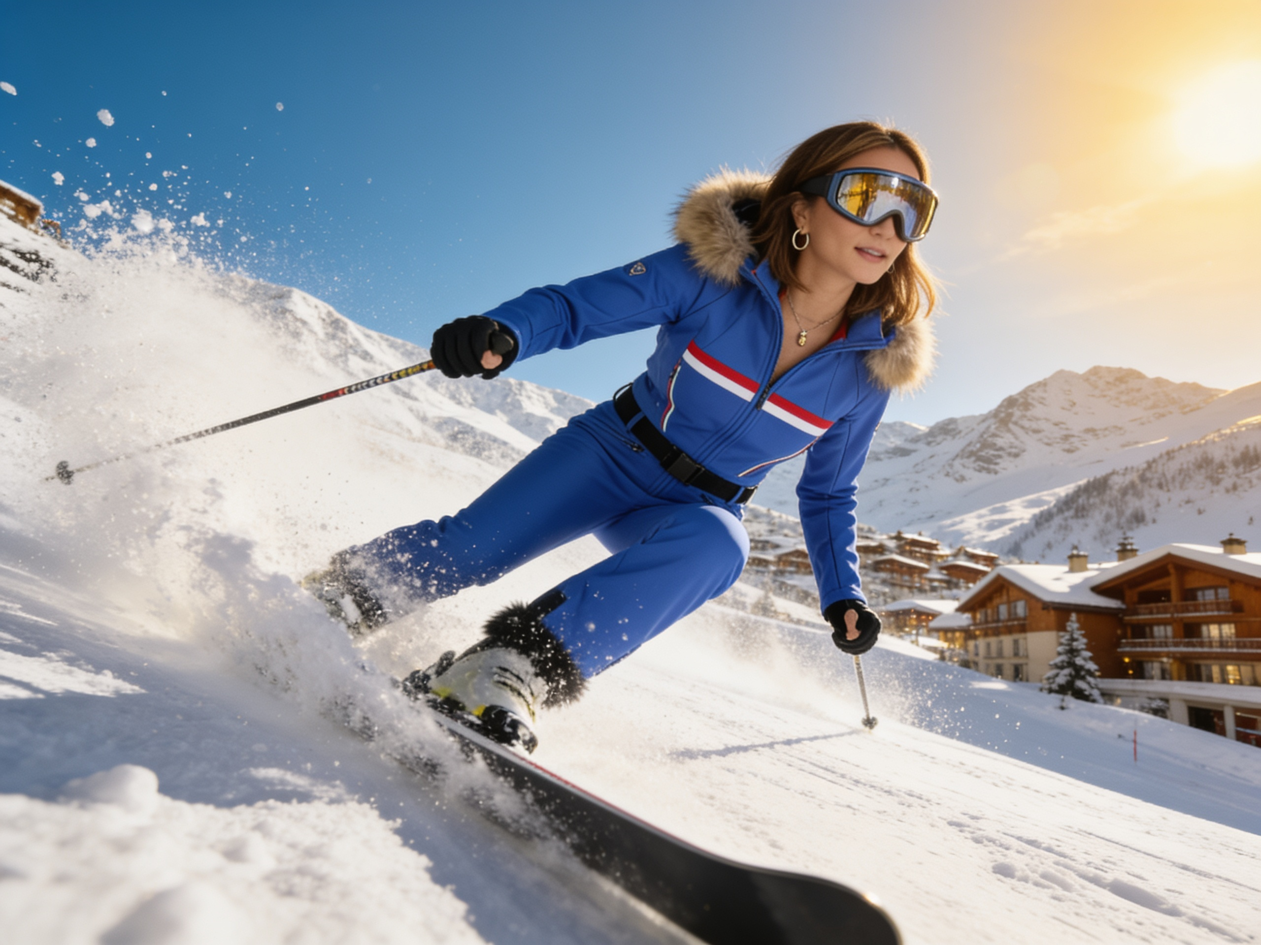 Portrait in a blue ski suit carving a turn on a sunlit alpine slope with chalets behind