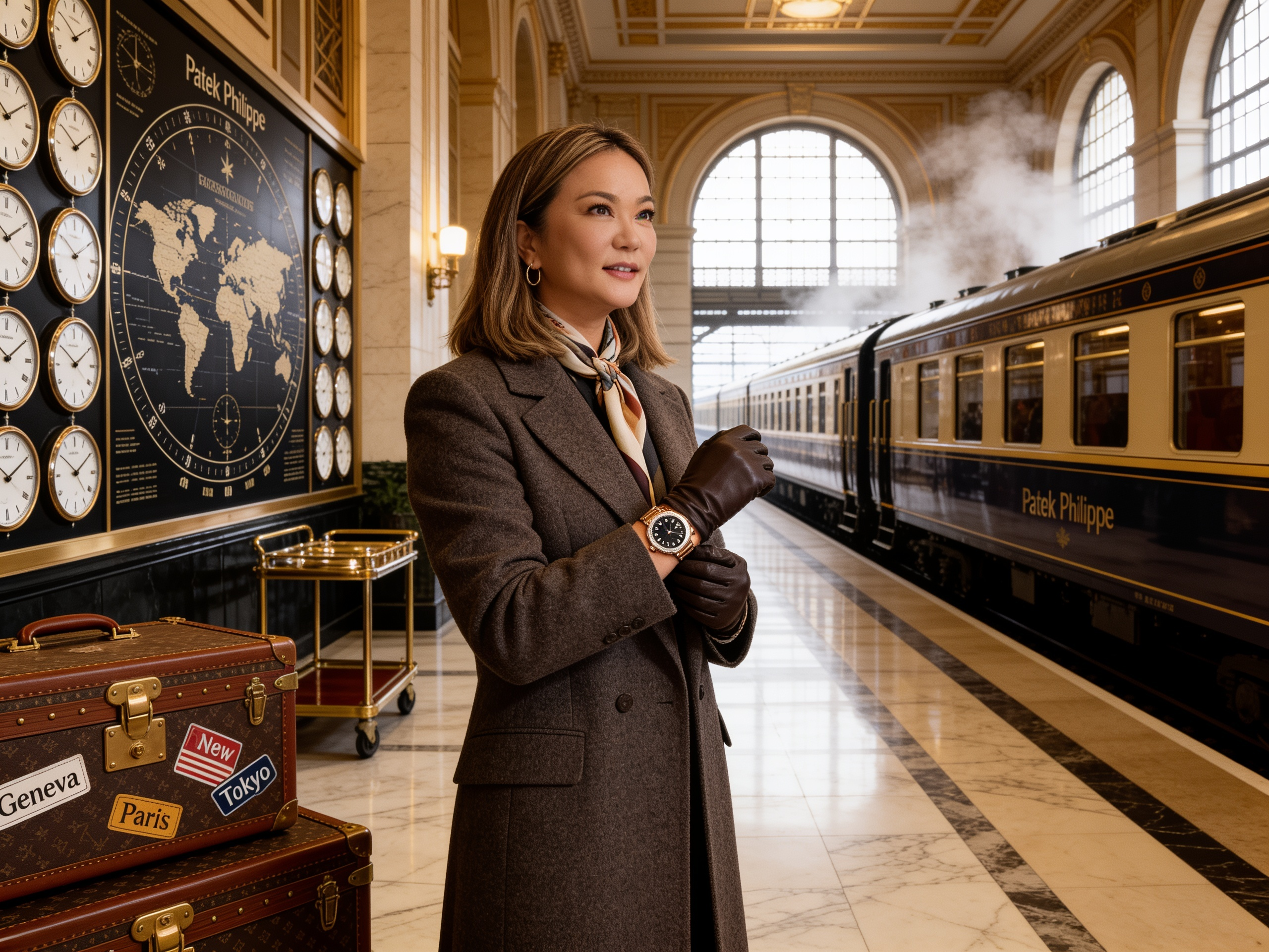 Portrait in a brown coat adjusting a gold watch beside a luxury train in a grand station hall