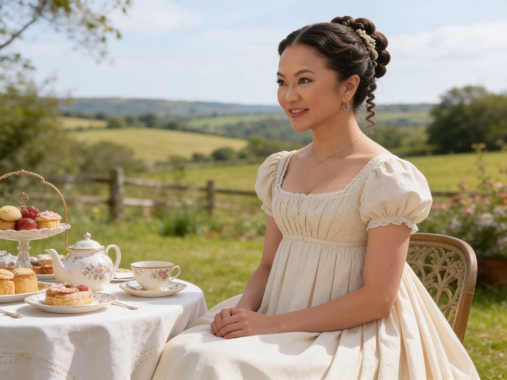 Portrait in Regency-era dress at an English countryside tea setting