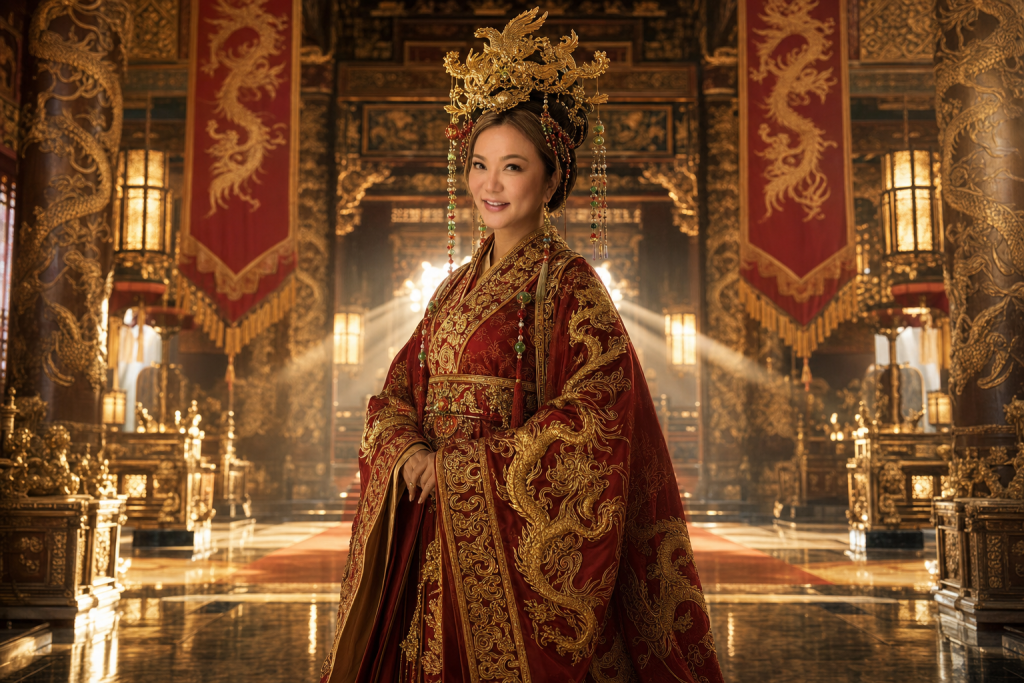 Portrait in red silk cheongsam on a lantern-lit dynastic China street with dragon arches and red pillars