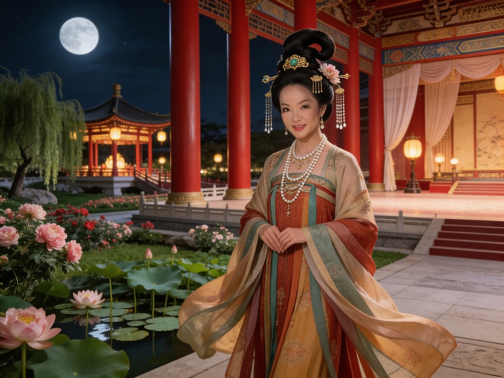 Portrait in layered hanfu before a moonlit palace lotus garden