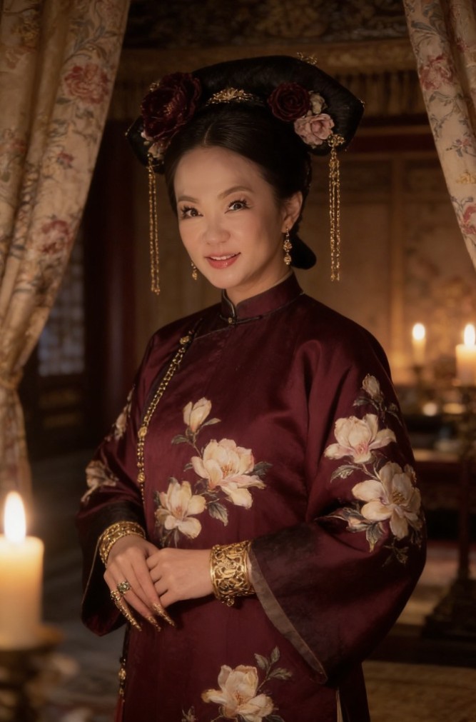Portrait in ornate Qing-inspired robe and gold jewelry, candlelit interior