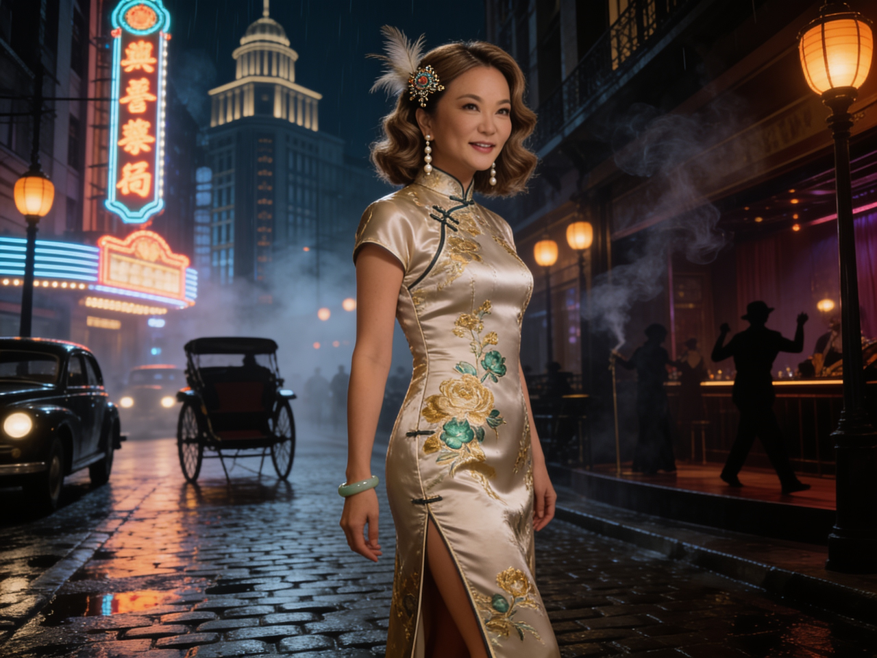 Portrait in gold embroidered qipao on a neon-lit 1930s Shanghai street at night with lanterns and vintage cars