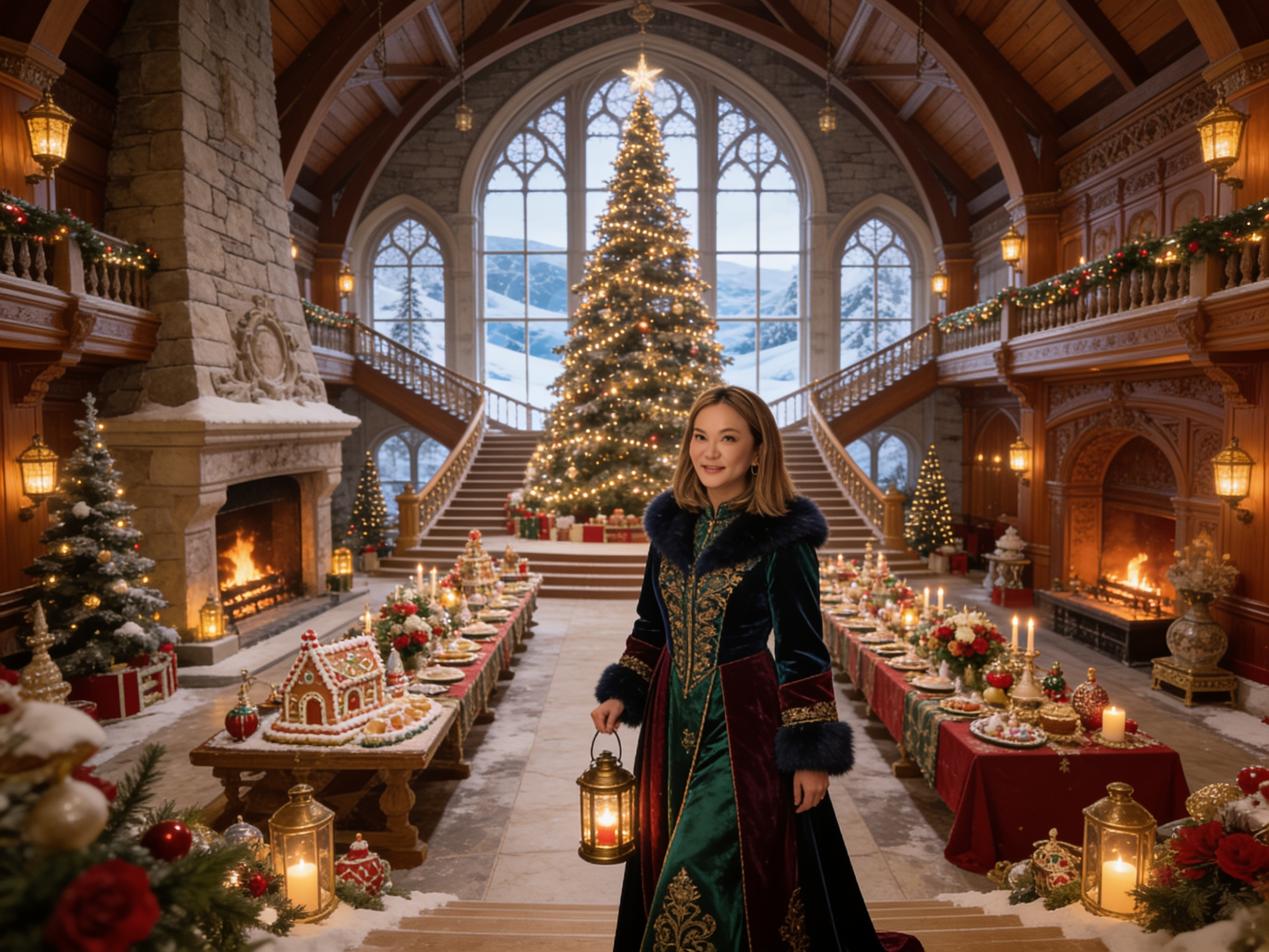 Portrait in a grand Christmas hall with banquet tables, fireplaces, and a towering tree
