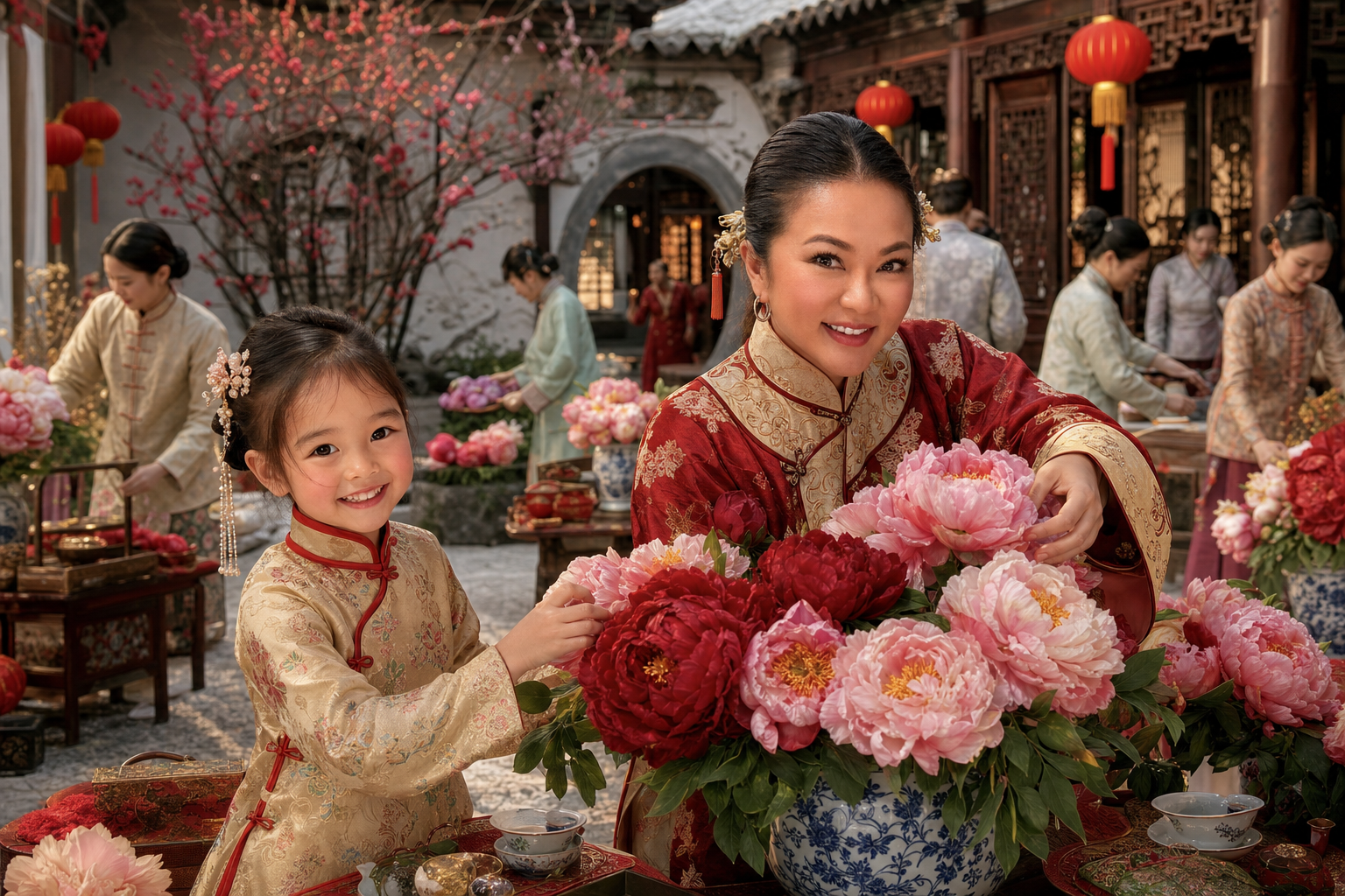Mother and child arranging peonies in a Lunar New Year courtyard with red lanterns