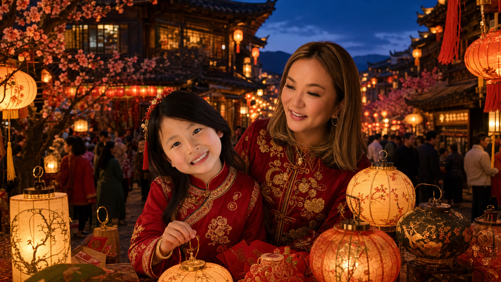 Woman and child with painted lanterns on a lantern-lit Lunar New Year street at twilight
