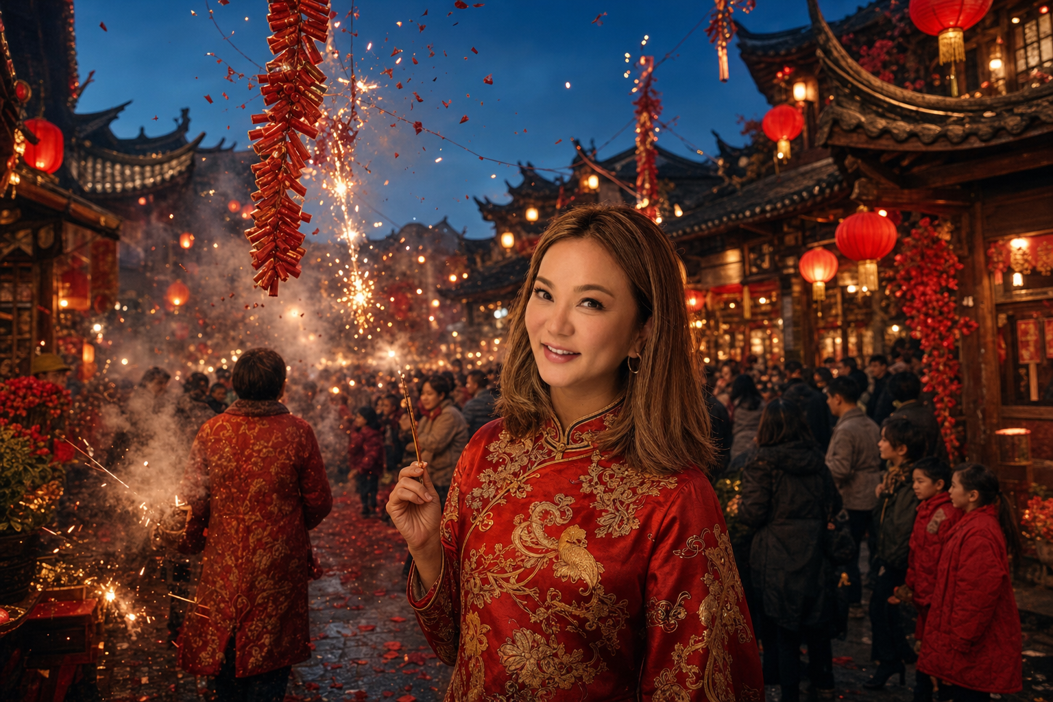 Portrait in a red qipao amid exploding firecrackers and lanterns on a Lunar New Year street