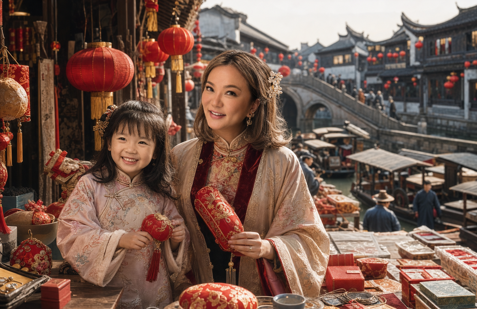 Woman and child at a festive market stall in a lantern-lined Chinese water town
