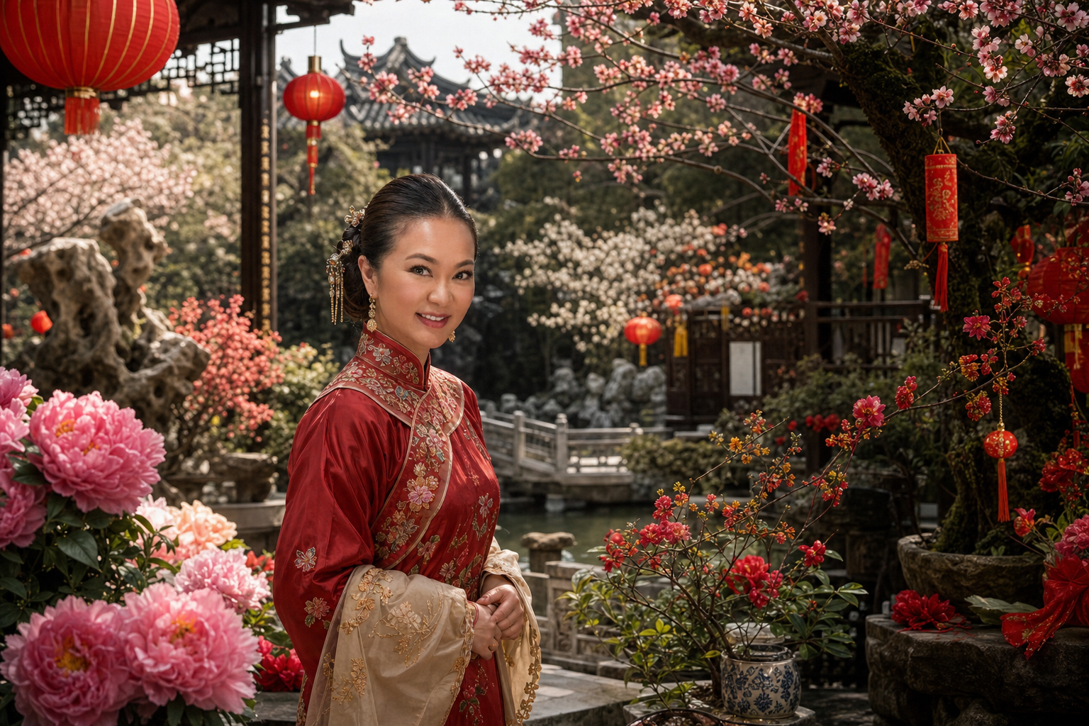 Portrait in a red silk dress among peonies and lanterns in a Lunar New Year garden