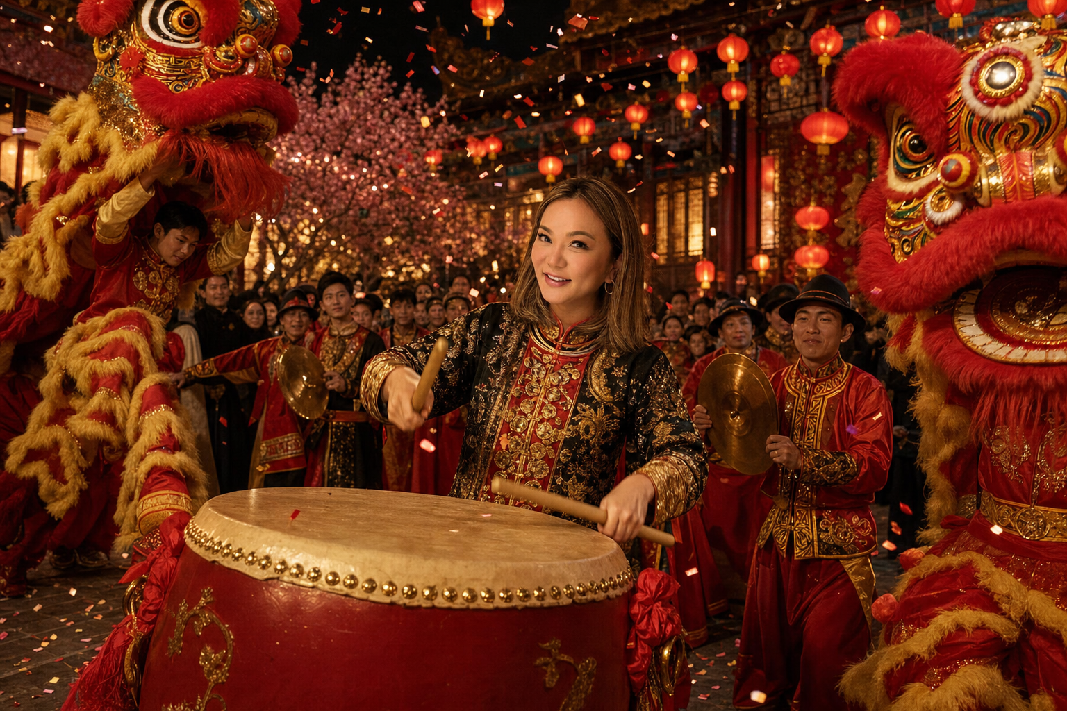 Portrait playing ceremonial drums beside lion dancers under red lanterns