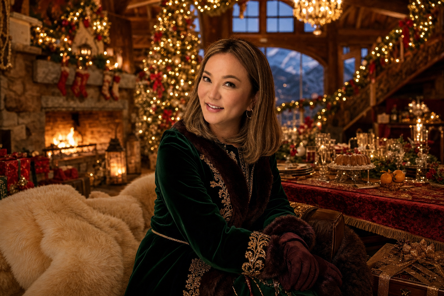 Portrait in an emerald velvet coat beside a fireplace and Christmas tree in a mountain lodge