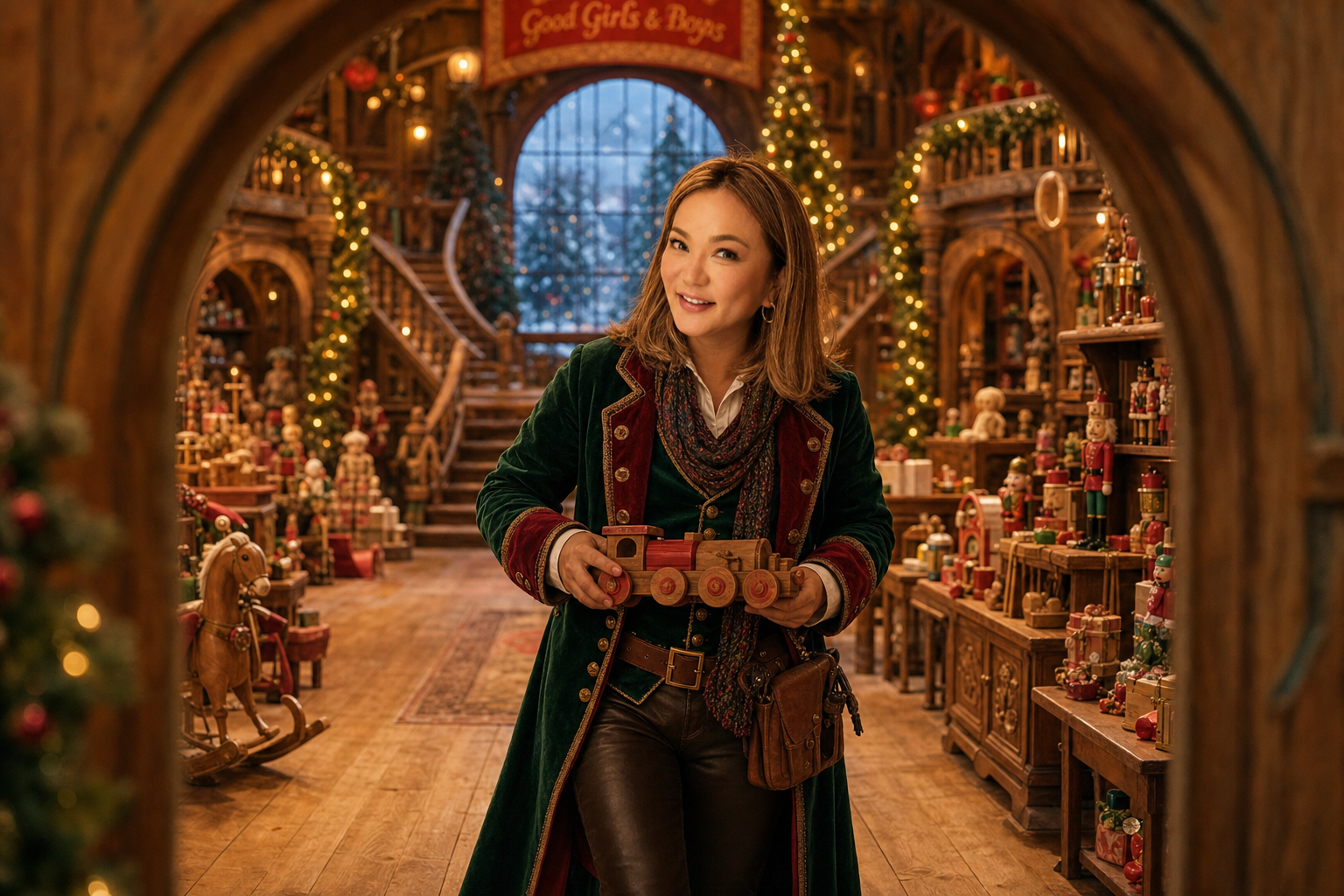 Portrait holding a wooden toy train in a magical Christmas toy workshop