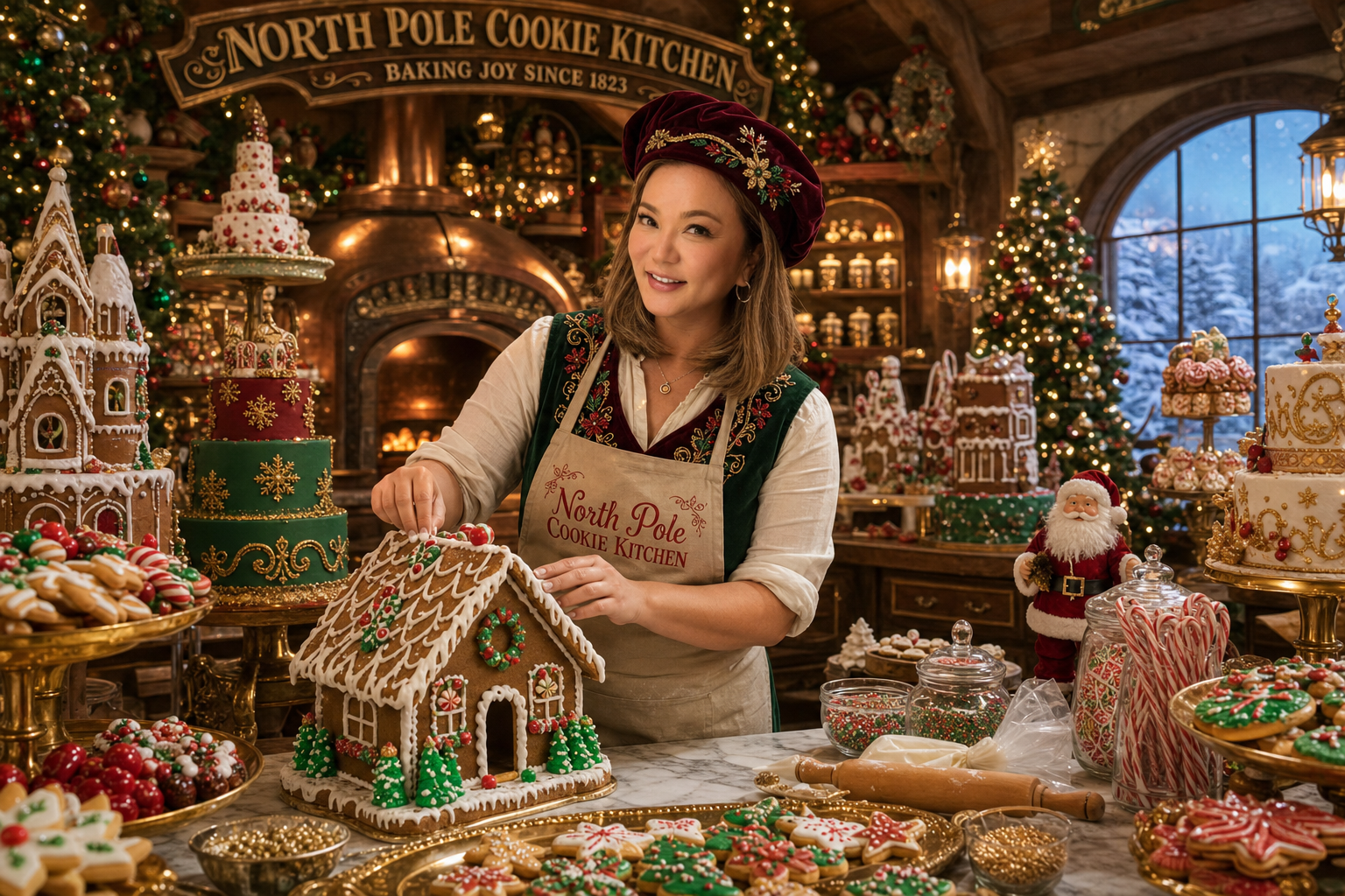 Portrait finishing a gingerbread house in the North Pole Cookie Kitchen