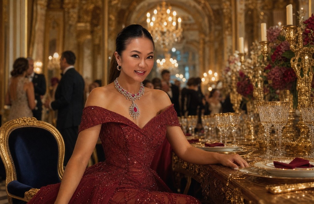 Portrait in a burgundy sequin gown with ruby pear high-jewelry necklace at a gold ballroom banquet