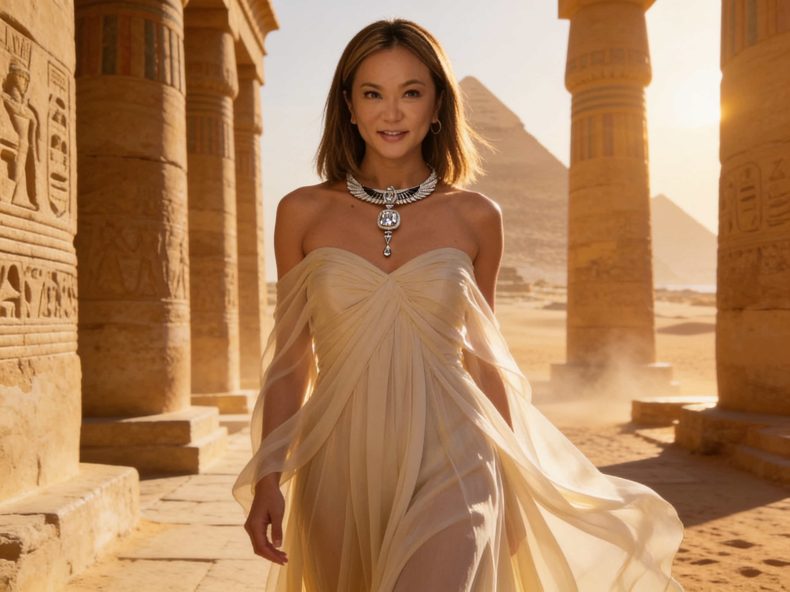 Portrait in a flowing ivory gown with a winged diamond collar necklace before temple columns and the pyramids at golden hour