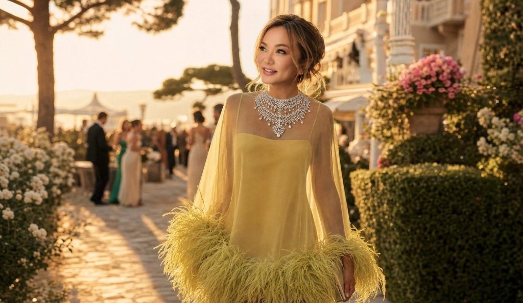 Portrait at a golden garden gala in a pale citron feather-trim gown with layered diamond high jewelry