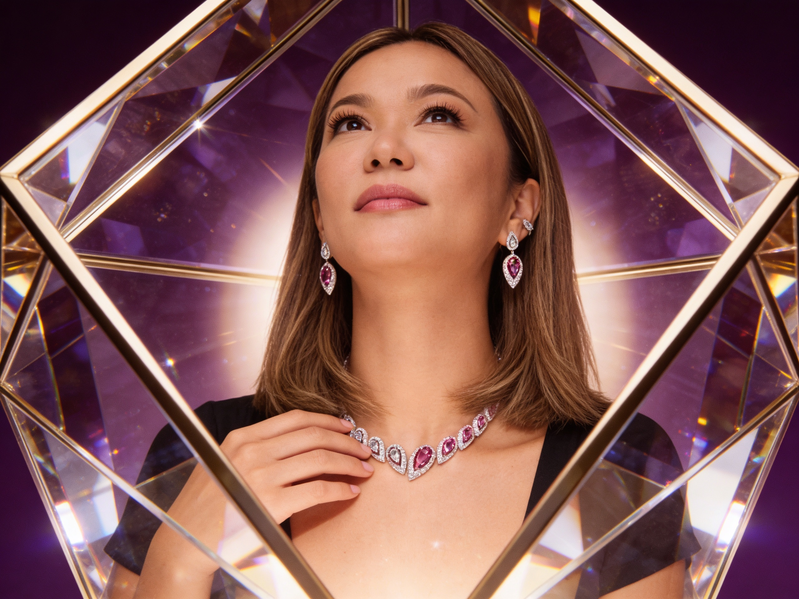 Portrait framed in a gold kaleidoscope crystal structure with pear-shaped pink gemstone high-jewelry suite