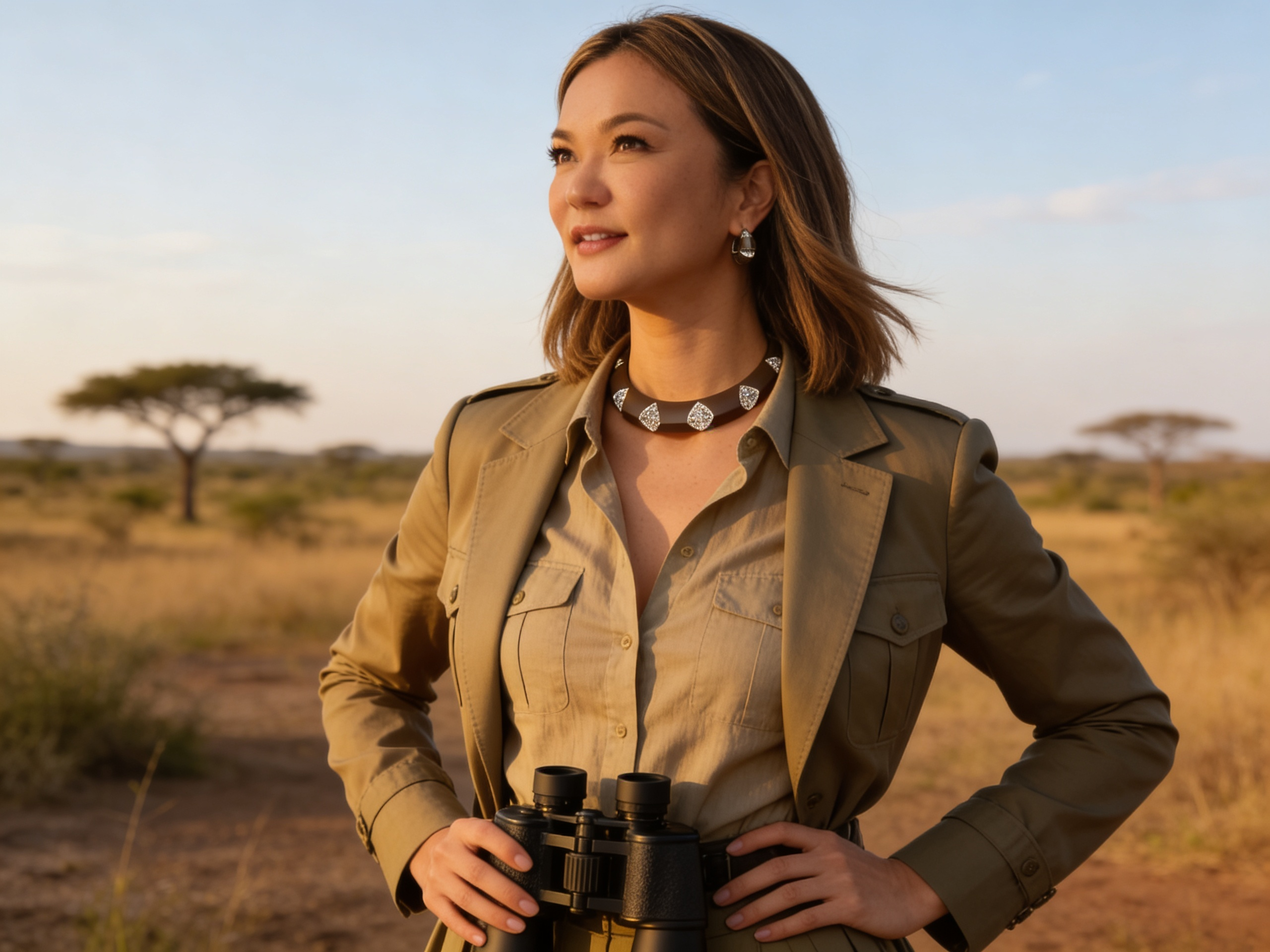 Safari editorial portrait in khaki tailoring with a diamond-set wood choker and binoculars at golden hour