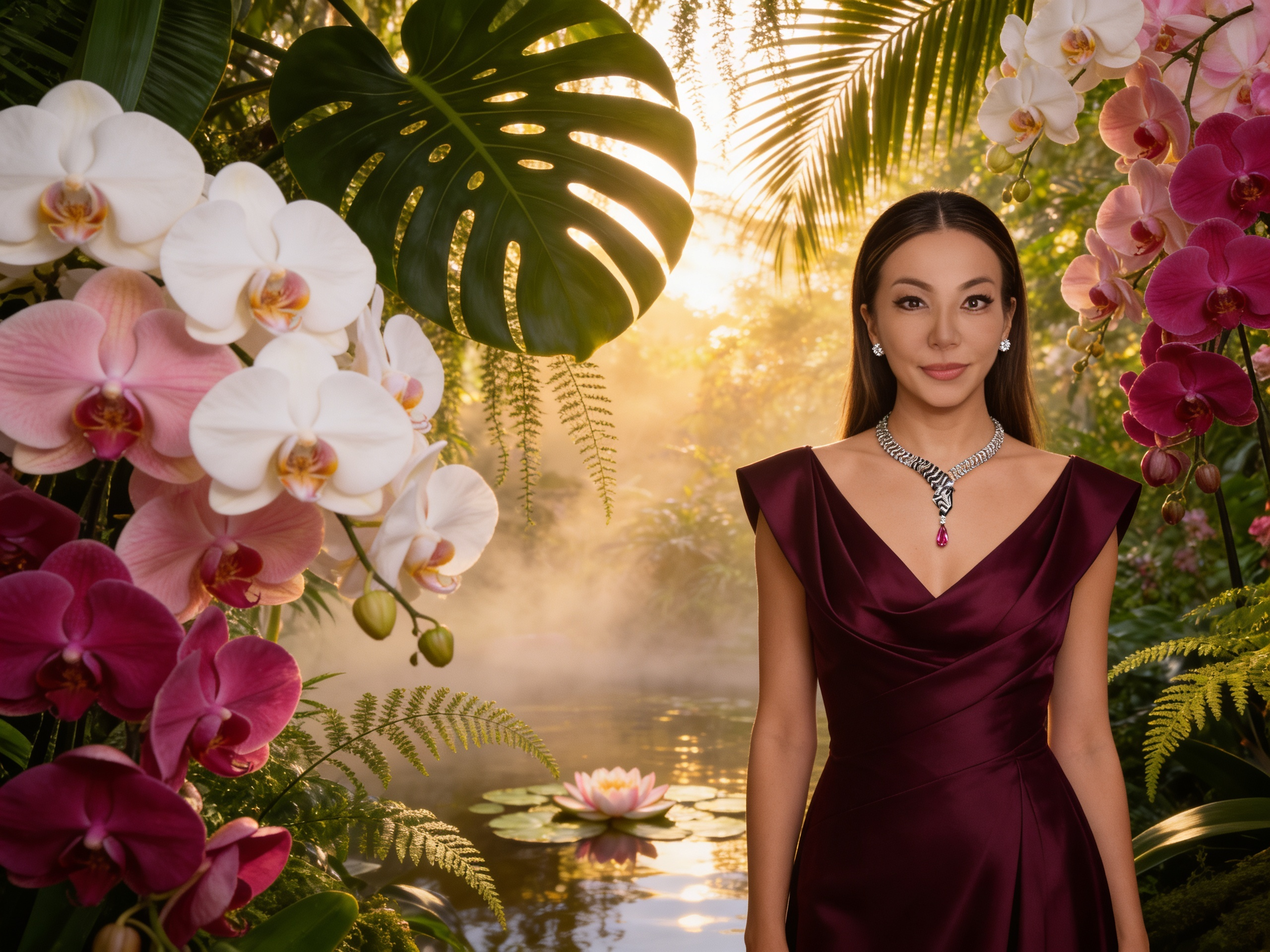Portrait among tropical orchids in a burgundy gown with a zebra-motif diamond collar and pink pear pendant