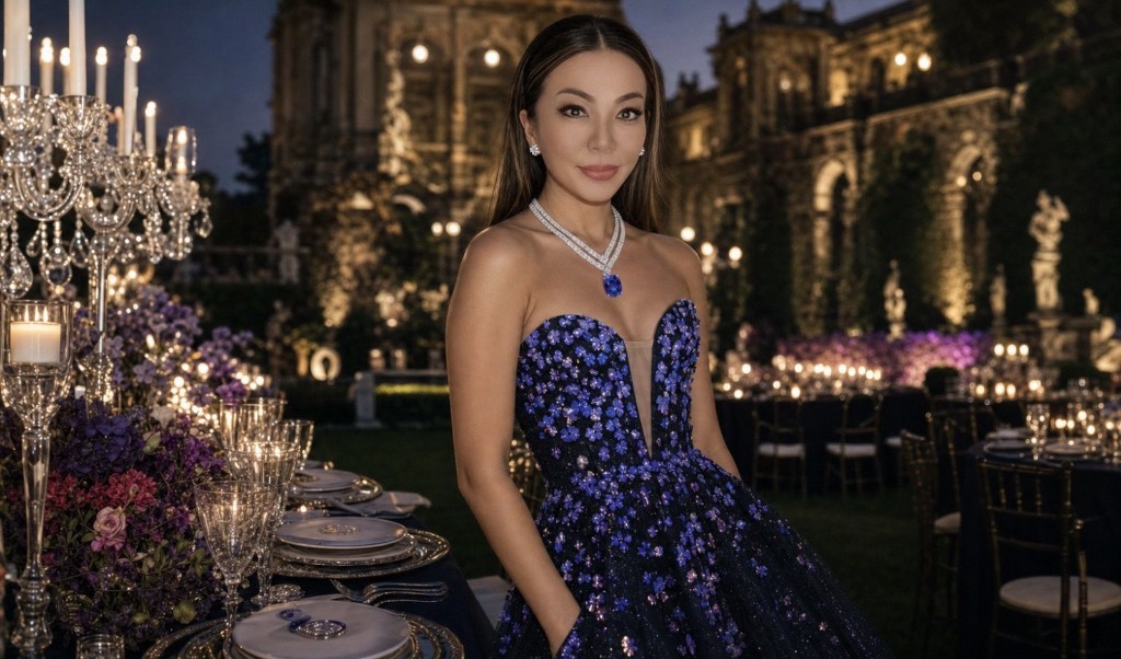 Portrait at an outdoor palace terrace gala in a navy embellished gown with sapphire and diamond necklace