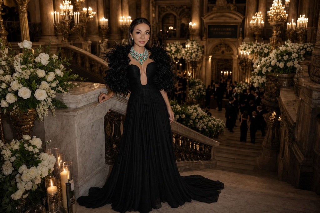 Portrait on a grand marble staircase in a black gown with emerald and diamond statement necklace